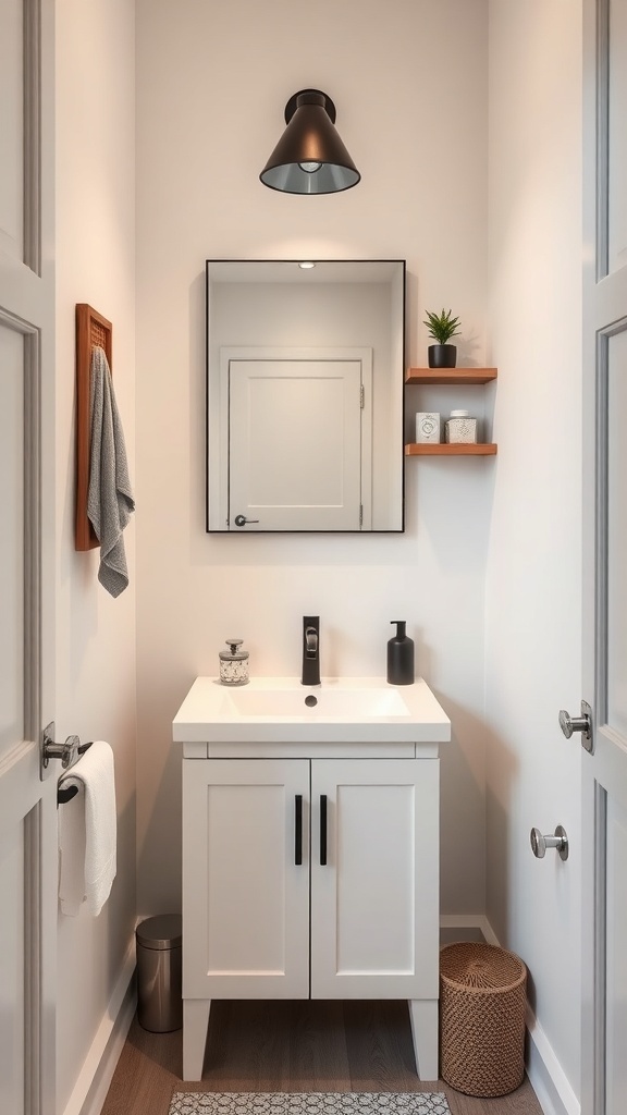 A small, modern bathroom featuring a compact vanity, wall-mounted shelves, and stylish lighting.