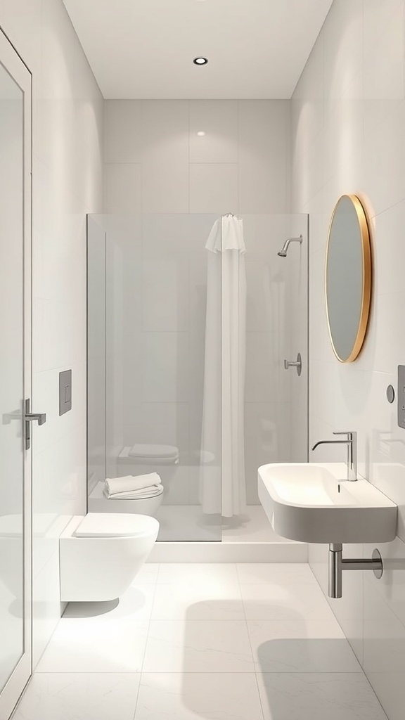A minimalist bathroom featuring a glass shower, compact sink, and neutral color scheme.