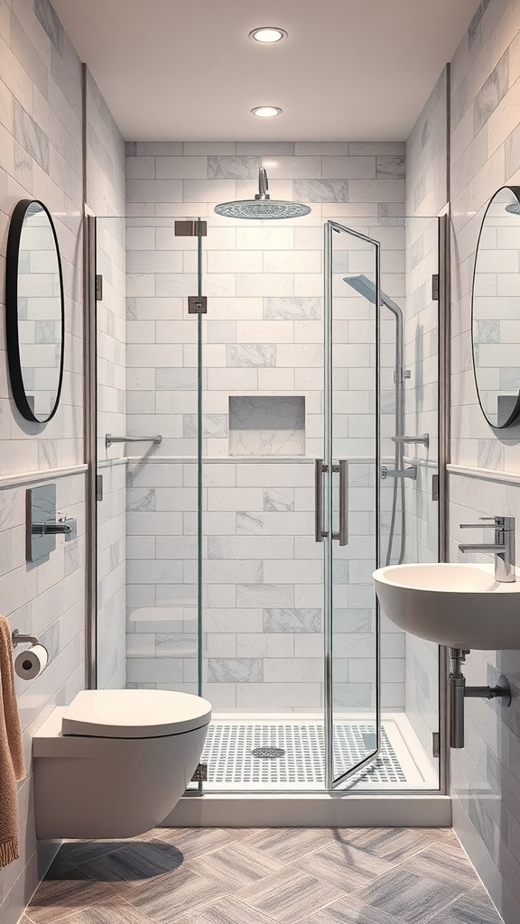 A modern small bathroom featuring a glass shower enclosure, minimalist fixtures, and light-colored tiles.