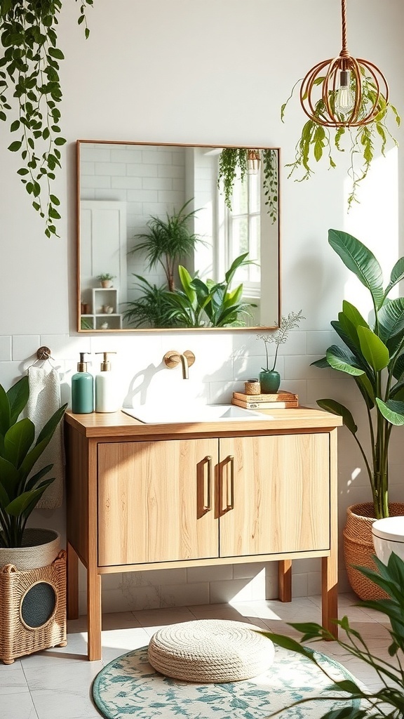 Eco-friendly bathroom vanity with wooden finish, plants, and natural light