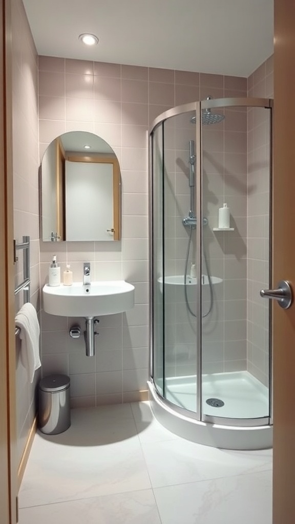 A compact bathroom featuring a curved shower, wall-mounted sink, and round mirror.