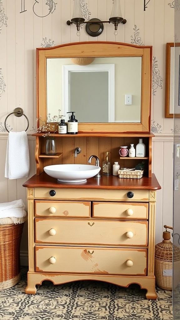 A vintage dresser repurposed as a bathroom sink unit with storage.