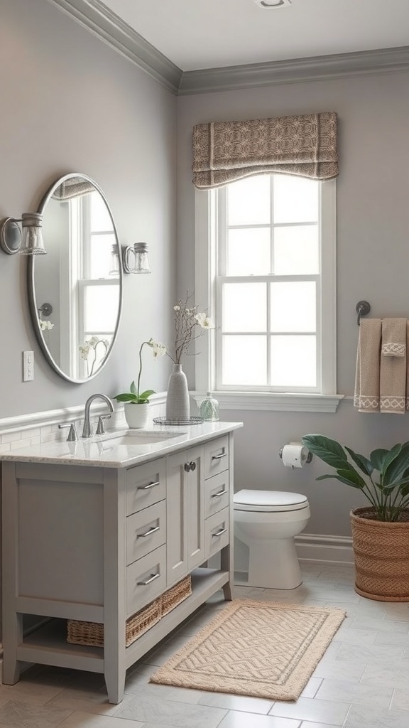 A transitional style bathroom featuring a gray vanity, round mirror, and natural light from a window.
