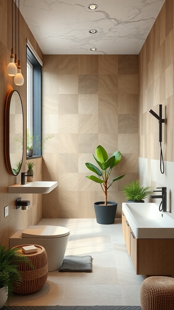 A modern bathroom featuring natural materials, plants, and energy-efficient fixtures.
