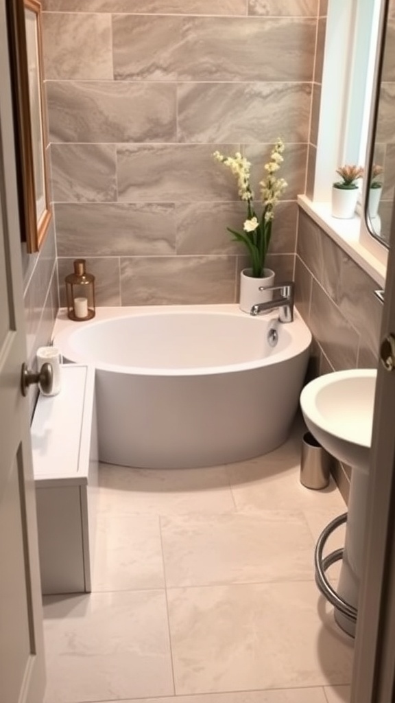 A compact bathtub in a small bathroom with modern tiles and decorative plants.