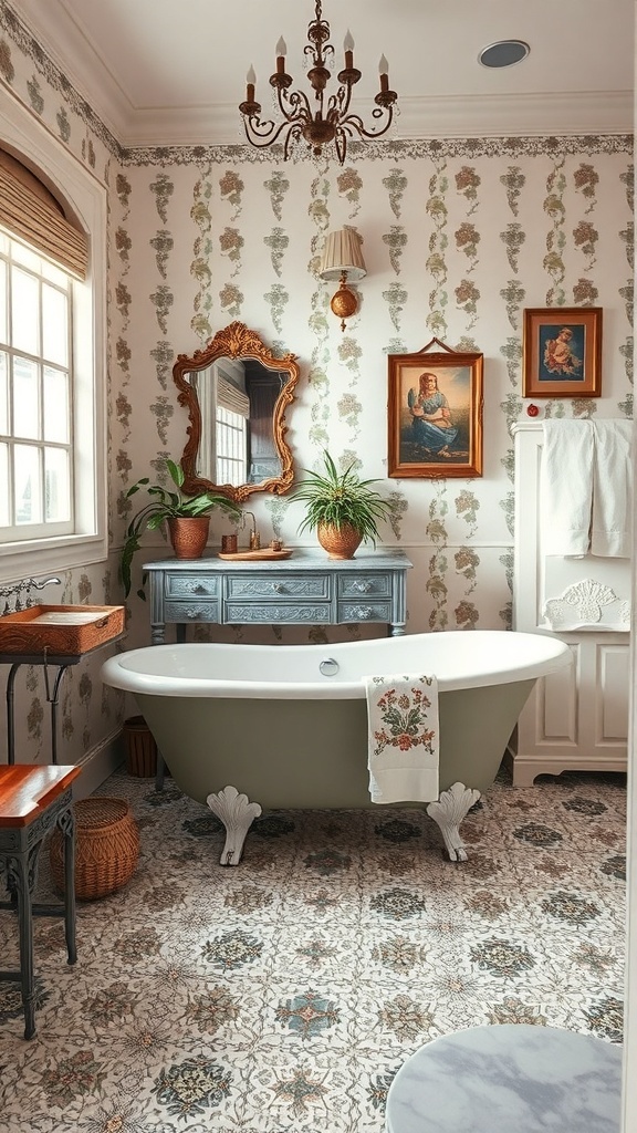 A vintage bathroom featuring a clawfoot tub, floral wallpaper, and elegant decor.