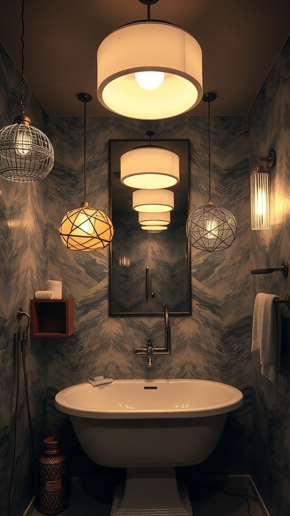 A stylish bathroom featuring unique lighting fixtures, including pendant lights and wall sconces, creating a warm atmosphere.