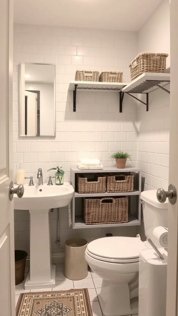 A small bathroom featuring stylish storage solutions with open shelves, a shelving unit, and decorative elements.