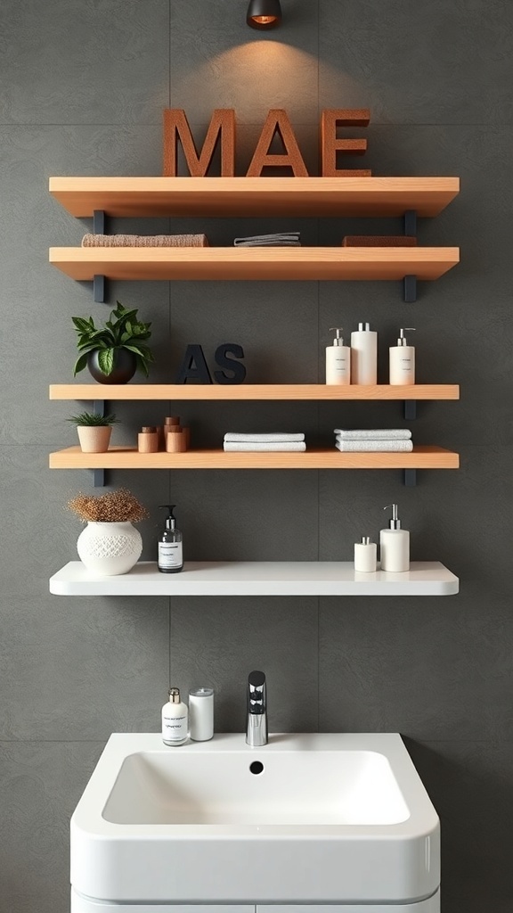 Stylish floating shelves in a modern bathroom with decorative items and toiletries.