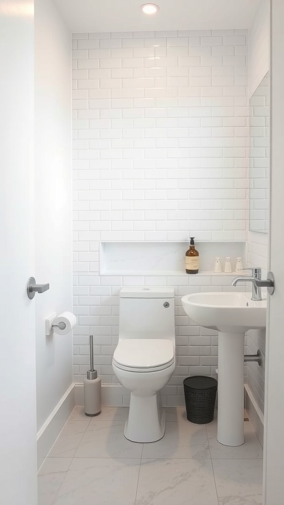 A minimalist small bathroom featuring white tiles, a wall-mounted sink, and a toilet.