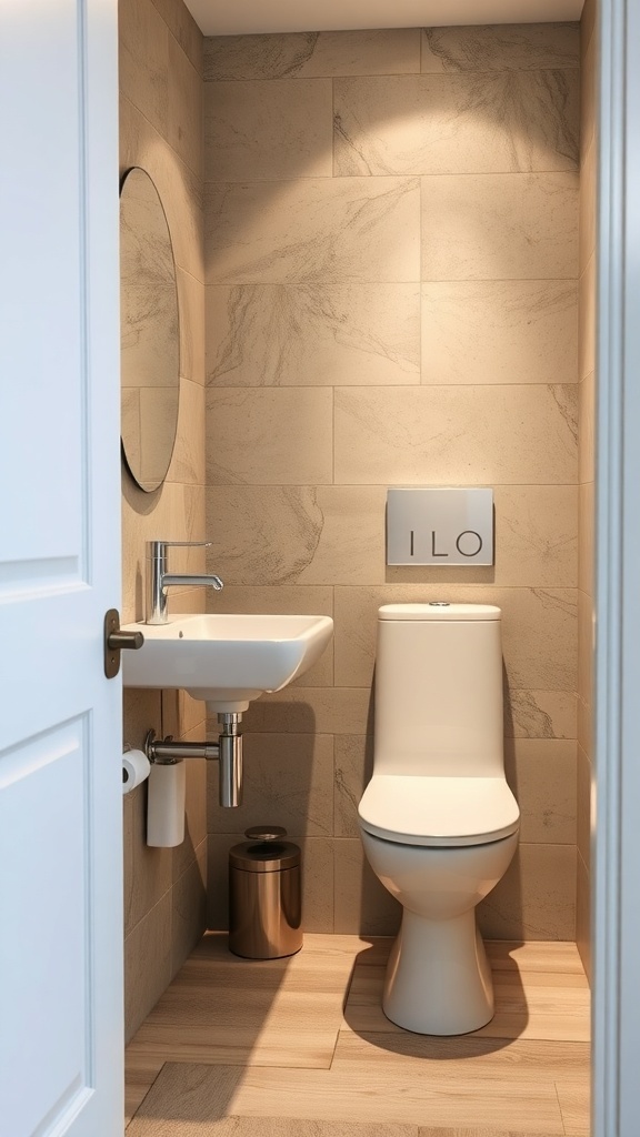 A compact bathroom featuring a wall-mounted sink, modern toilet, and soft lighting.