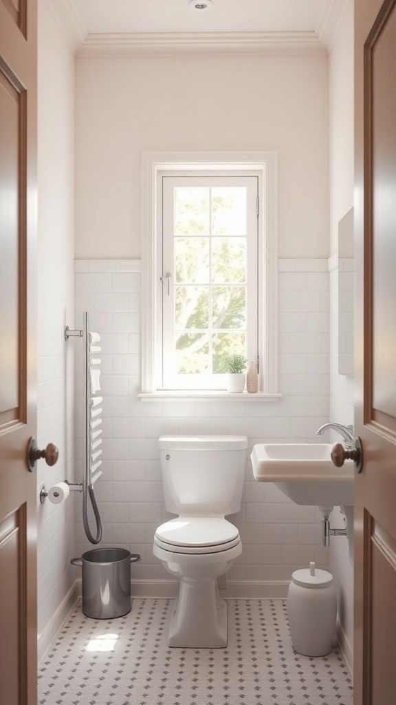 A small, bright bathroom with light color schemes and natural light.