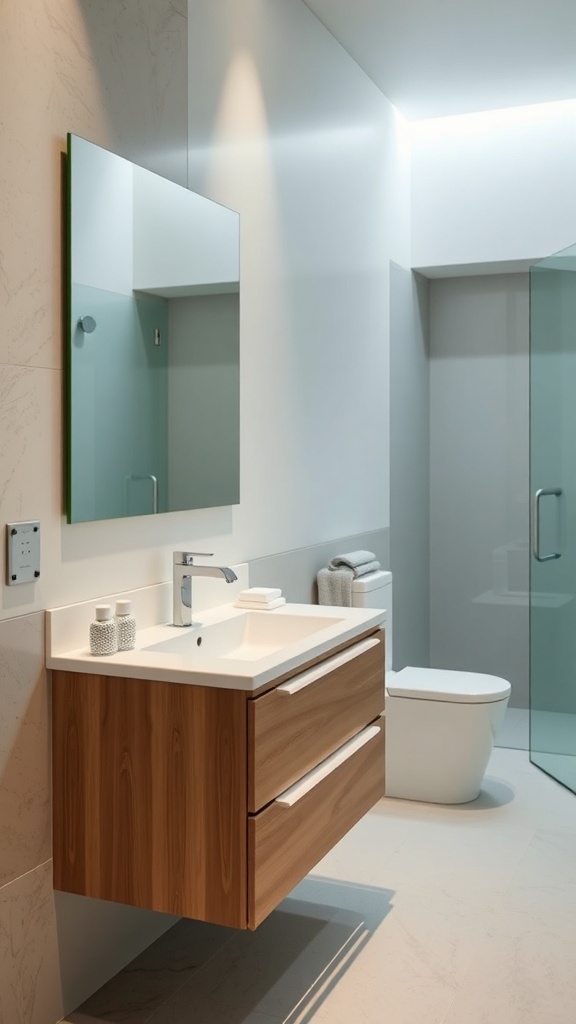 A modern bathroom featuring a sleek wall-mounted vanity with a wood finish and a white countertop.