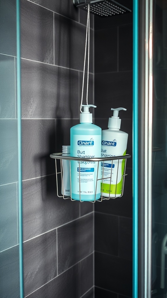 A metal shower caddy holding shampoo and body wash bottles in a modern shower.