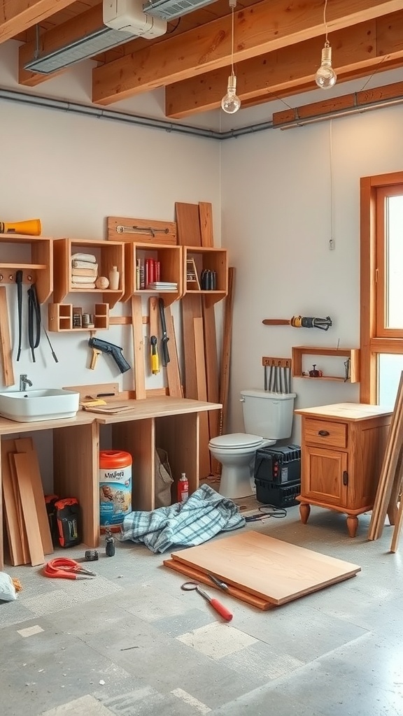 A workspace with wooden materials and tools for DIY bathroom storage projects.