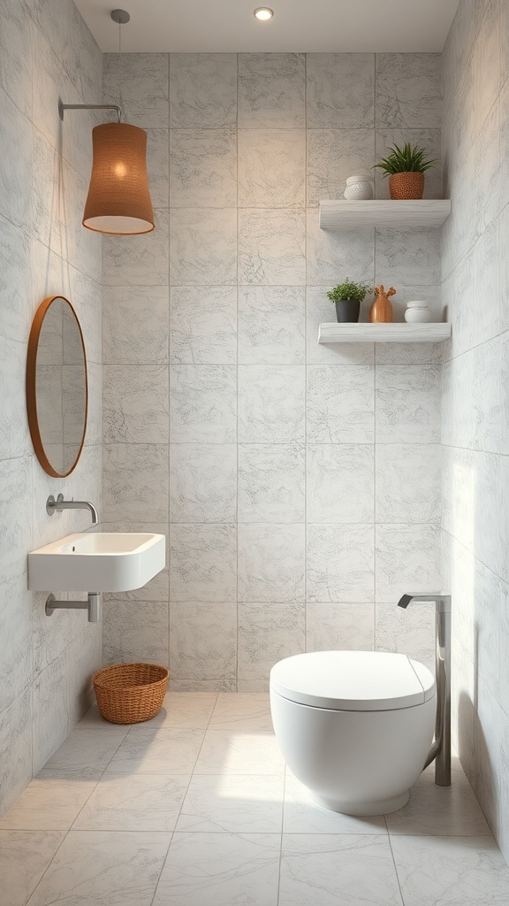 A modern bathroom with textured walls, featuring a round mirror, a small sink, and decorative shelves.