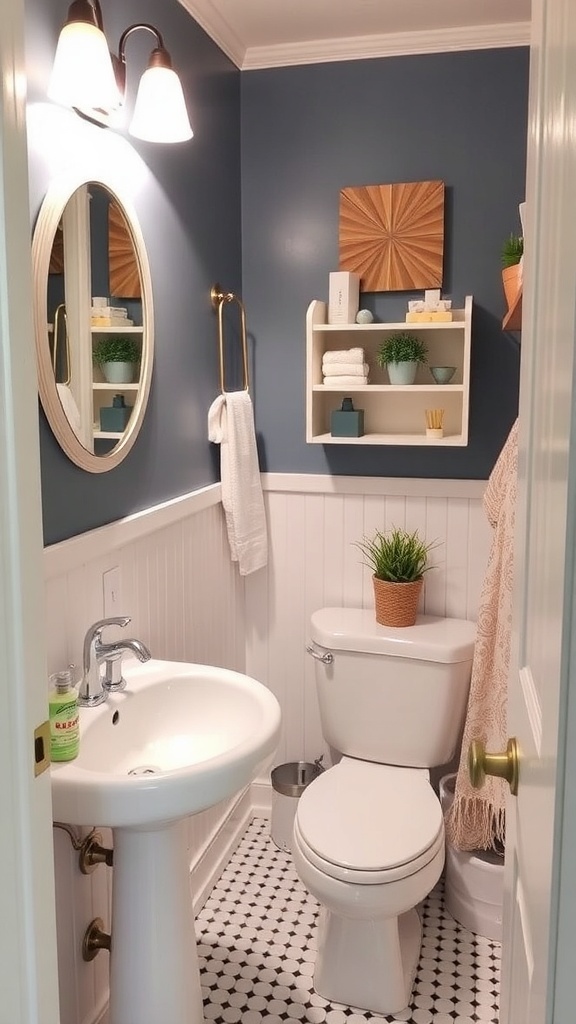 A small bathroom featuring light blue walls, a round mirror, a pedestal sink, and a cozy decor.