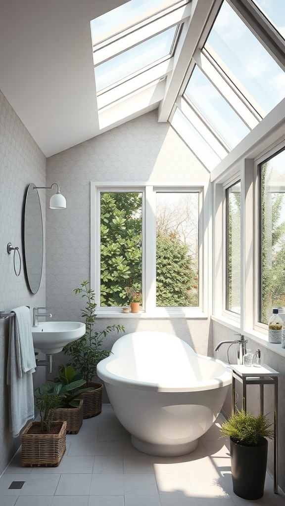 A bright bathroom with large windows and a skylight, featuring a bathtub and plants.