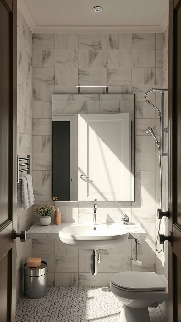 A small bathroom featuring a large mirror above the sink, bright tiles, and natural light from a window.