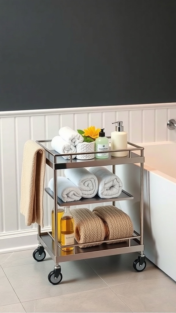 A multi-functional bathroom cart with towels and toiletries.