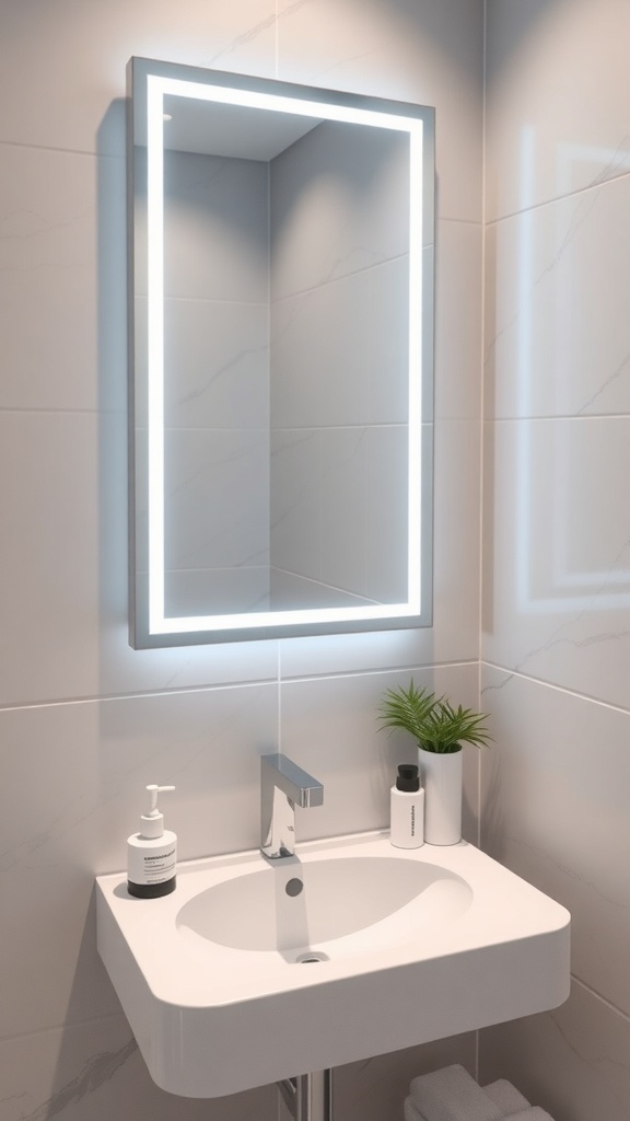 A modern small bathroom with a sleek illuminated mirror and compact sink.