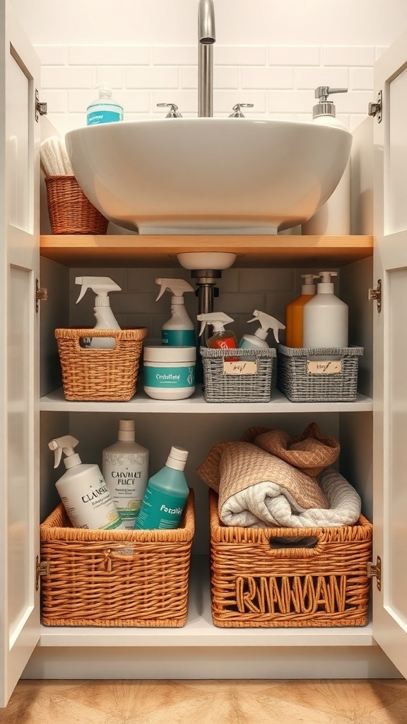 Organized under-sink storage with baskets and cleaning supplies