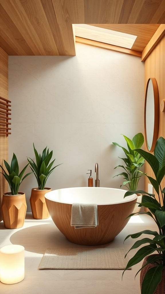 A spa-like bathroom featuring a wooden bathtub, plants, and natural light.