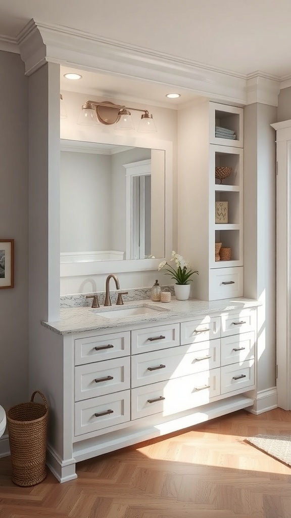A modern custom built-in bathroom vanity with white cabinetry, granite countertop, and ample storage.