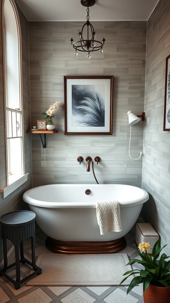 A compact bathroom featuring a stylish white bathtub, gray tiled walls, and cozy decor.