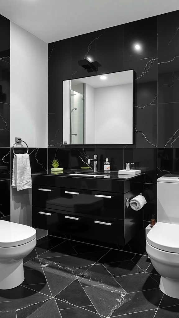 A modern black and white bathroom featuring a sleek black vanity, white toilet, and stylish decor.