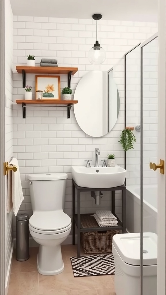A small bathroom featuring a modern sink, toilet, floating shelves, and a round mirror.