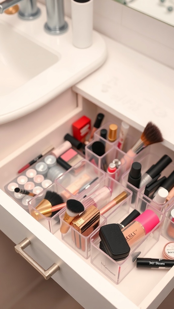Organized makeup drawer with various beauty products in clear organizers