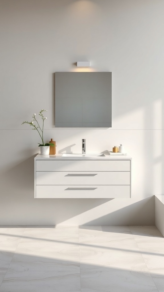 A modern floating bathroom vanity with a mirror and a small vase of flowers.