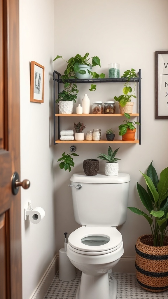A stylish over-the-toilet storage shelf with plants and decorative items.