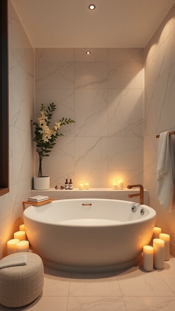 Luxurious bathroom with a round bathtub, candles, and marble walls