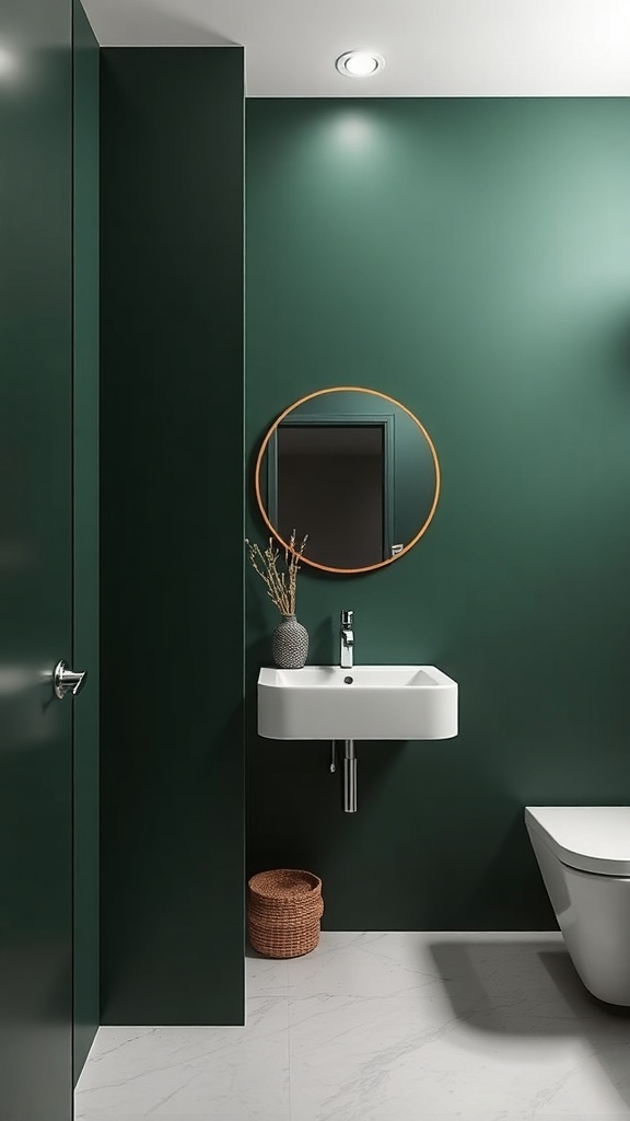 A modern minimalist bathroom featuring dark green walls, a round mirror, a white sink, and a woven basket.