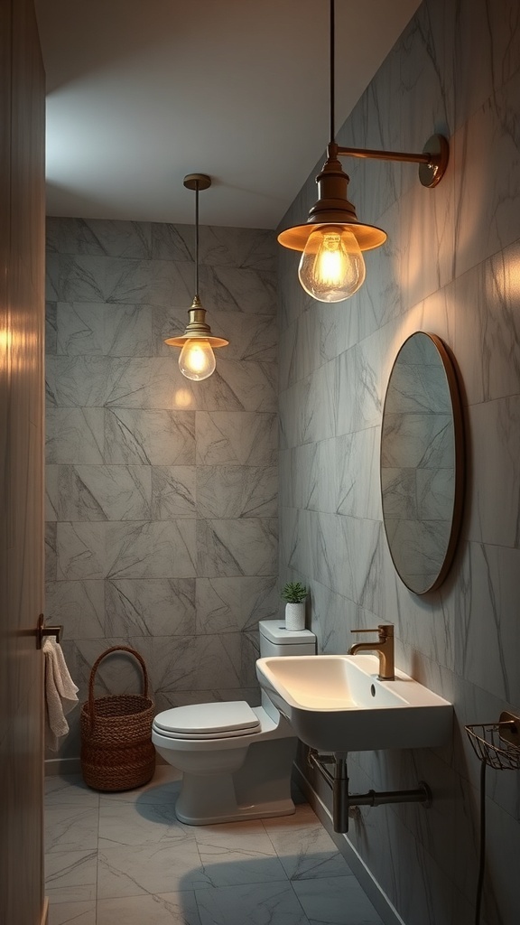 A modern bathroom with two pendant lights and a sleek sink.