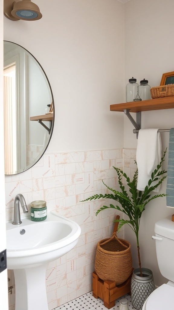 A small green bathroom featuring a round mirror, wooden shelves, a potted plant, and woven storage.