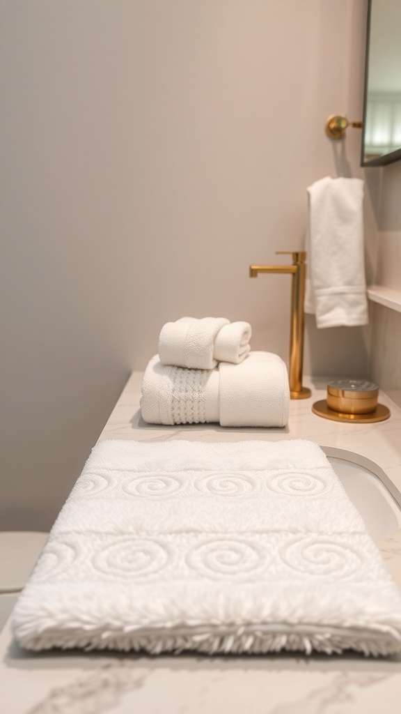 A bathroom counter with stacked white towels and a textured mat, showcasing luxurious textiles.