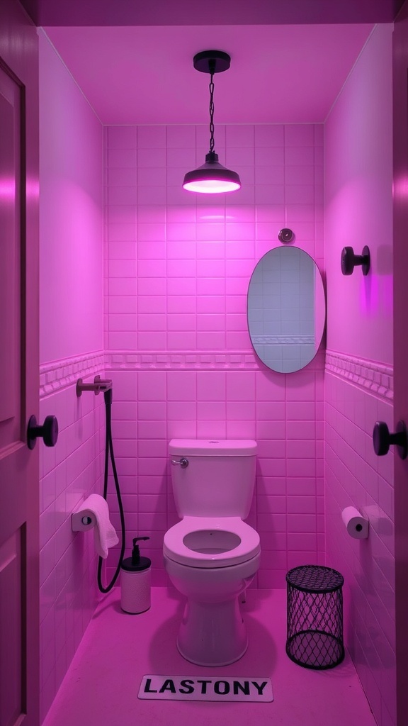A cozy pink and black bathroom featuring a pendant light and modern fixtures.