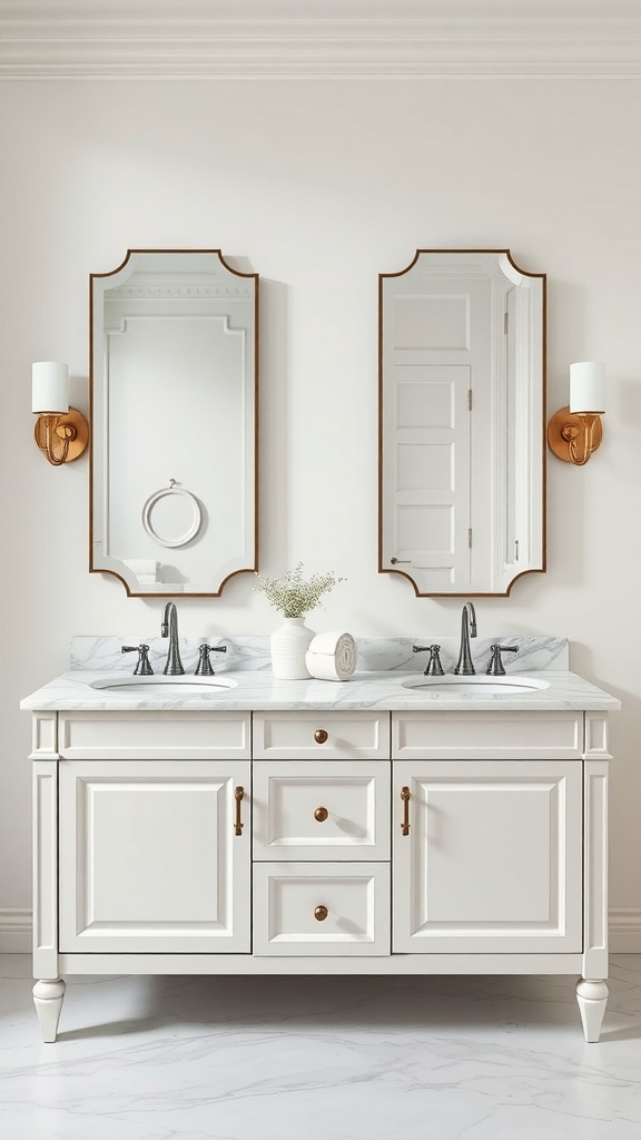 Elegant bathroom vanity with double sinks, marble countertop, and decorative mirrors