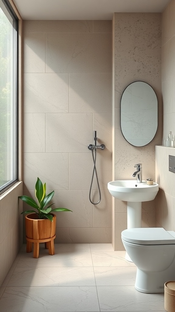 Modern bathroom with natural light and a plant