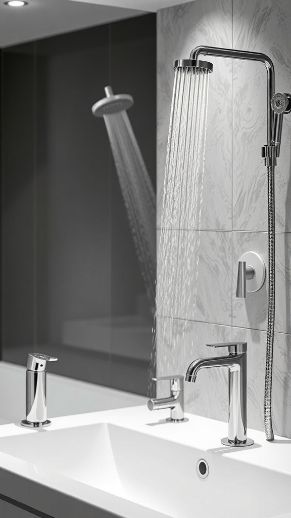 Modern bathroom fixtures including a showerhead and faucets designed for water conservation.