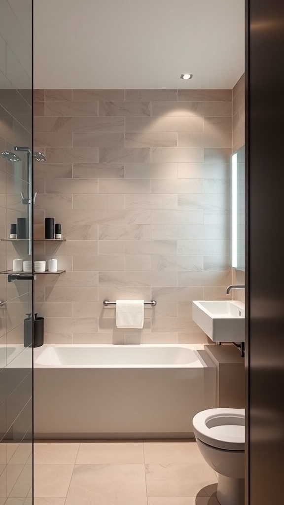 A modern bathroom with a minimalist design featuring a bathtub, sink, and shower area.
