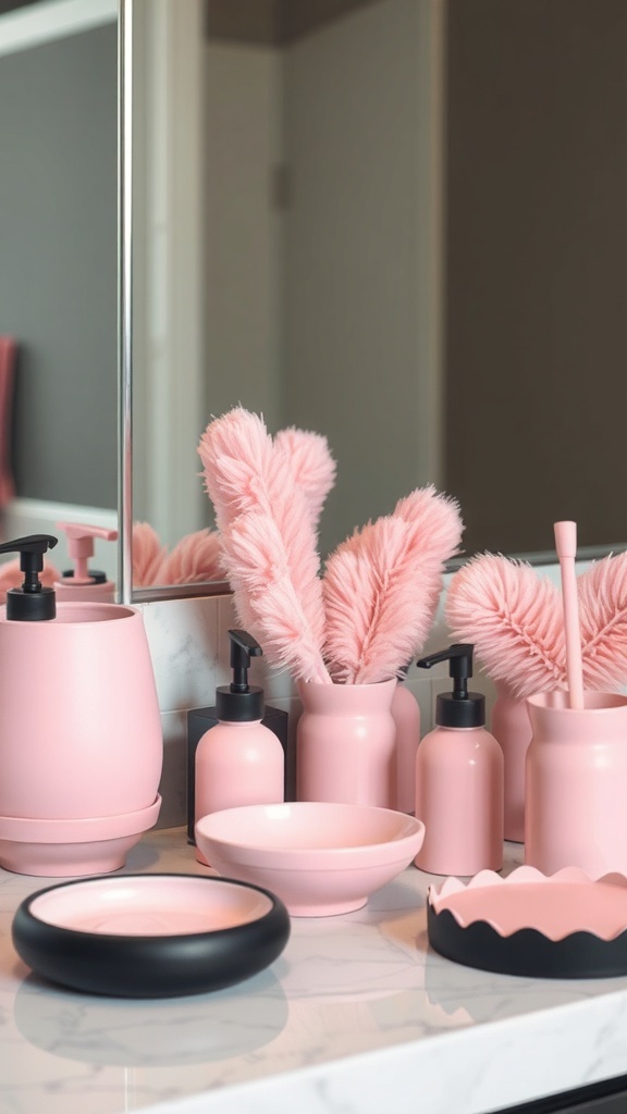 A collection of pink and black bathroom accessories on a marble countertop.