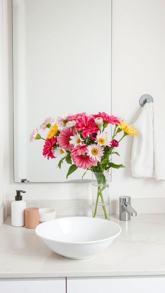 A bathroom counter with a bouquet of pink and yellow flowers in a clear vase, a white bowl, and modern fixtures.