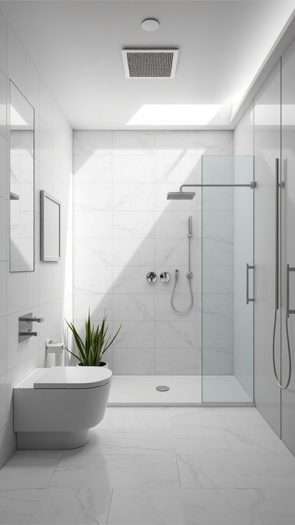 Modern bathroom with solar-powered water heating system and indoor plant