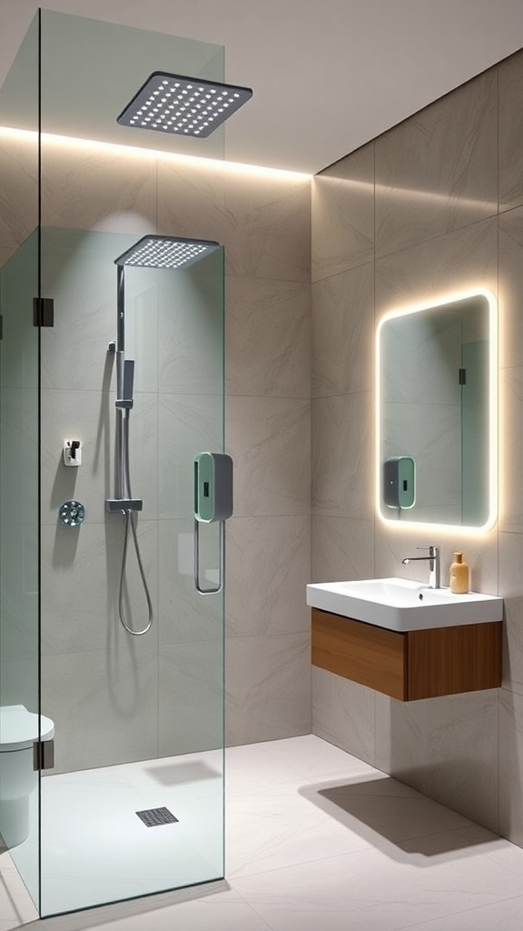 A modern bathroom featuring a glass shower, high-tech showerhead, backlit mirror, and floating vanity.