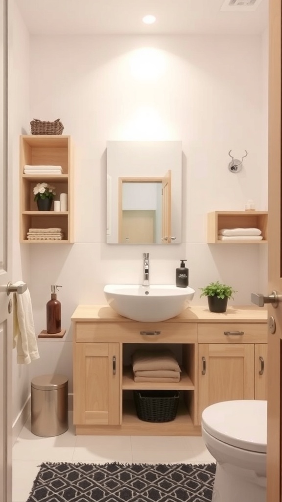 A modern bathroom featuring wooden storage solutions, a floating sink, and organized shelves.