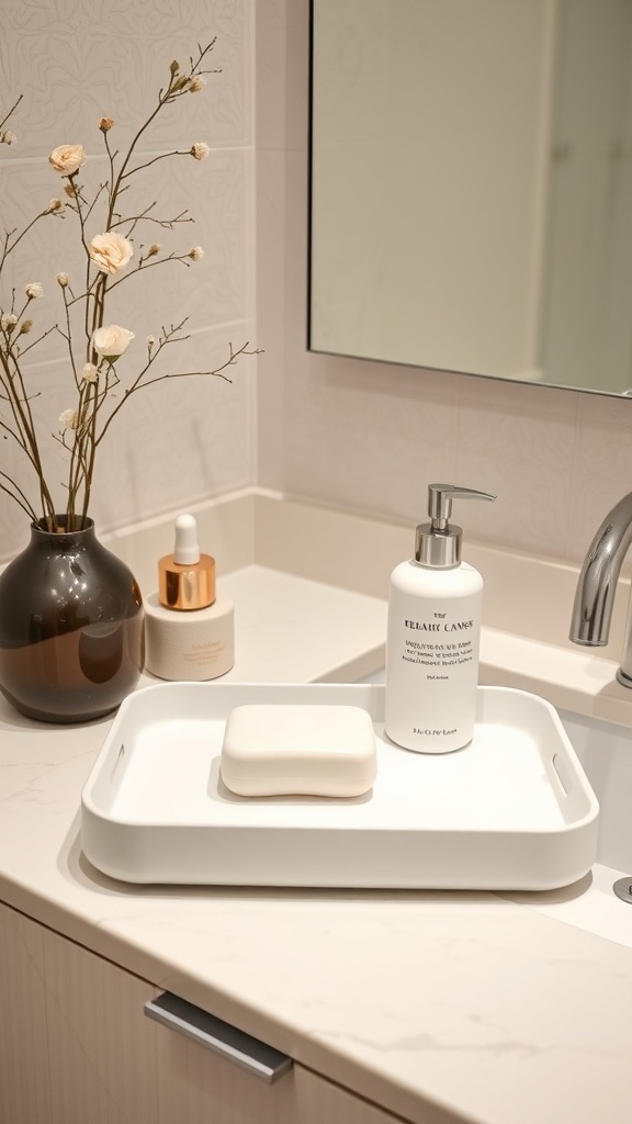 A stylish bathroom counter featuring a white tray with a bar of soap and a liquid soap dispenser, alongside a vase of dried flowers.
